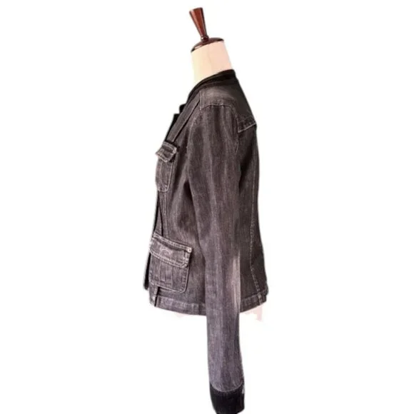 DKNY Jeans Women's Black Cropped Denim Military Style Jacket Stretch Faded L EUC - Picture 9 of 16